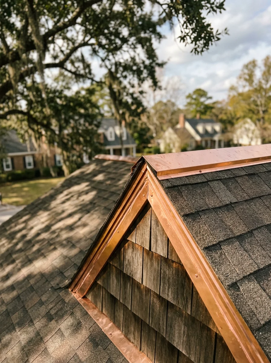 Close-up portrait of a completed roof on a historic New Bern home, showing new ridge cap and flashing work against a backdrop of mature oak trees.