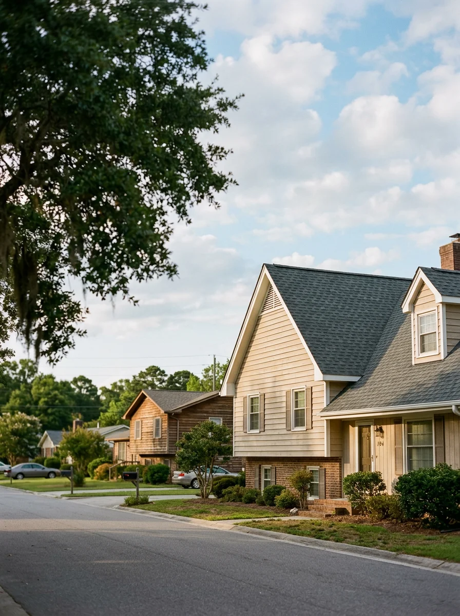 Portrait-format photo of a completed roof on a 1980s split-level home in Havelock, NC, showing new ridge cap, drip edge, and flashing work on a residential street near MCAS Cherry Point.
