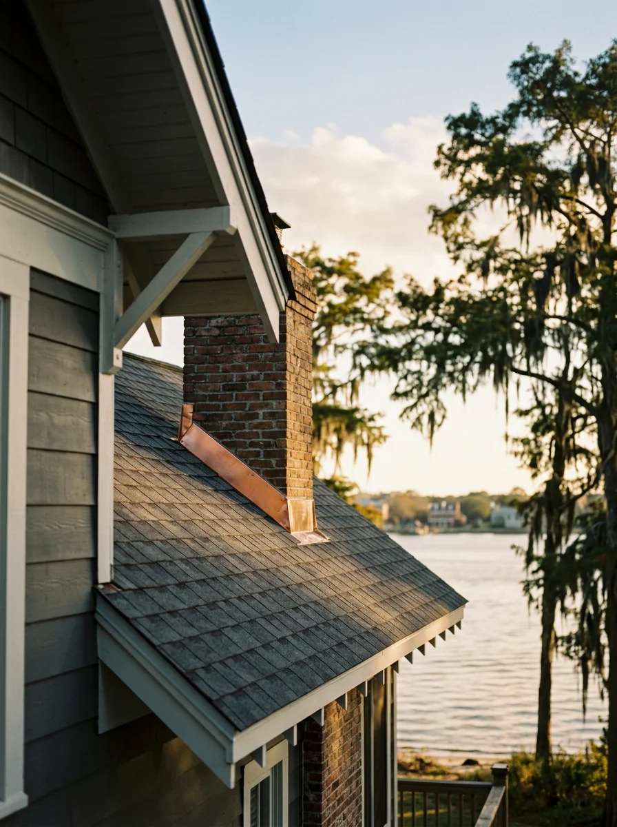 Portrait-format photo of a completed roof on a New Bern riverfront home, showing new flashing at the chimney and ridge cap work with the Neuse River visible in the background.