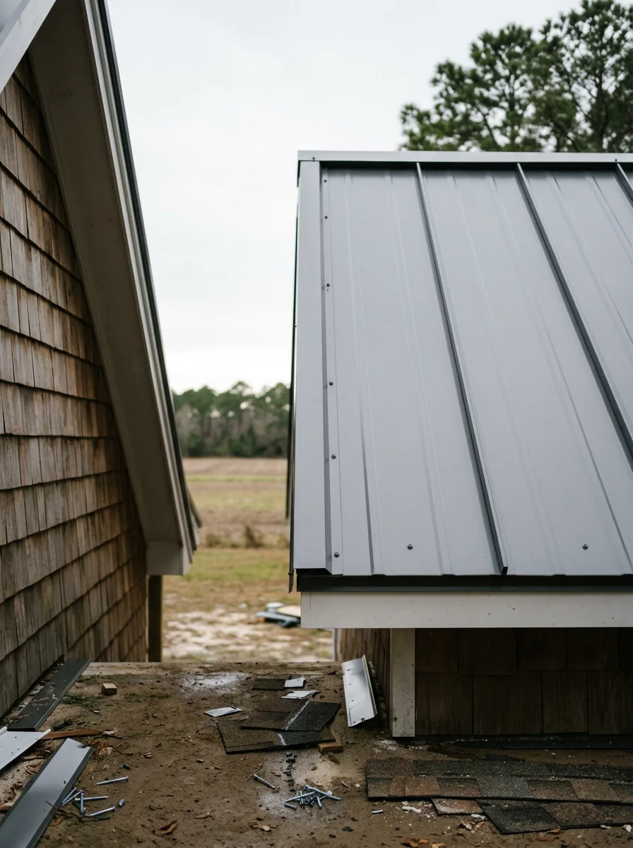 Portrait-orientation photo of a completed roof on a rural Pamlico County home, showing new drip edge and ridge cap against a backdrop of flat coastal farmland.