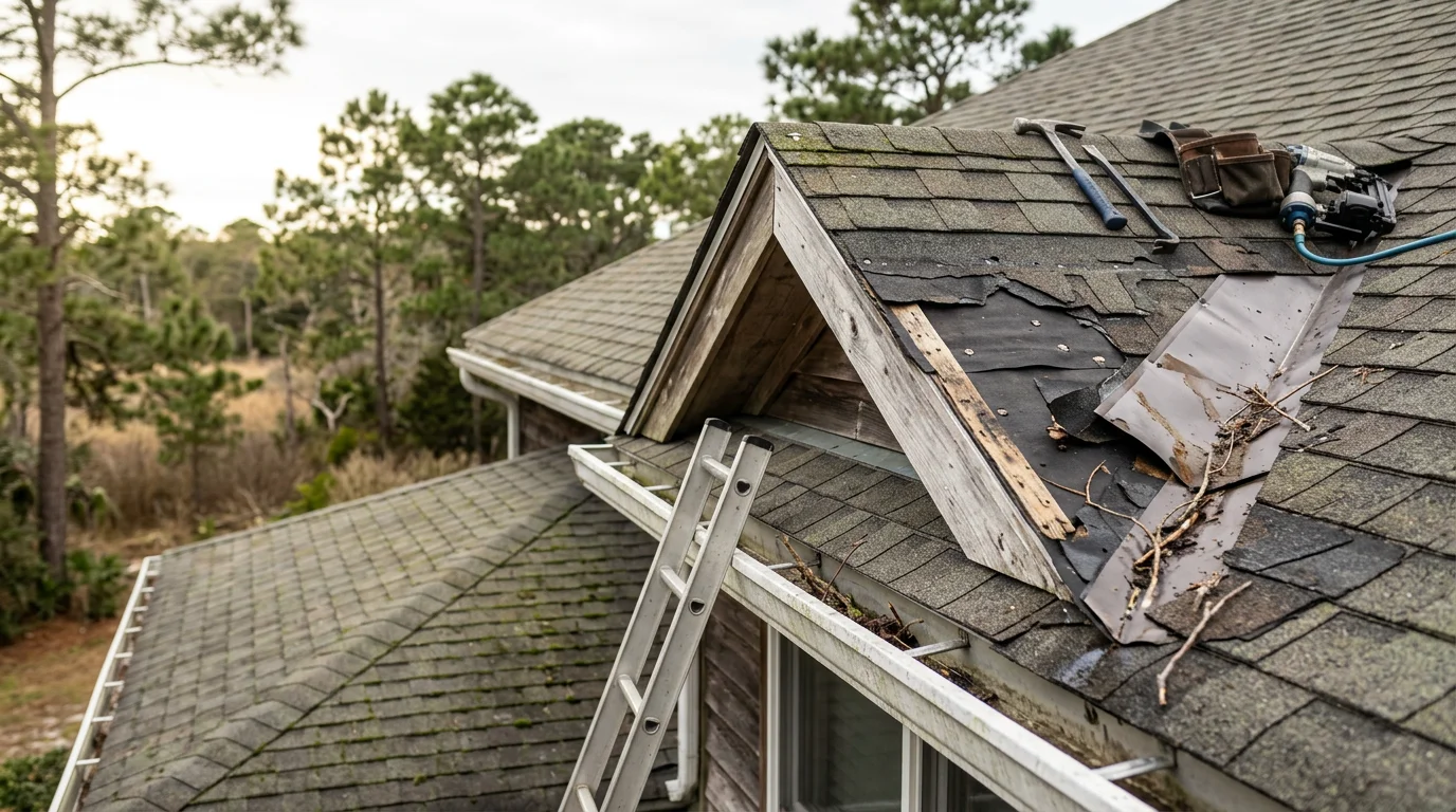 A Craven County home with storm-damaged shingles being repaired by a roofer after a severe weather event. Close-up view of lifted and missing shingles along the roof edge with repair work underway.