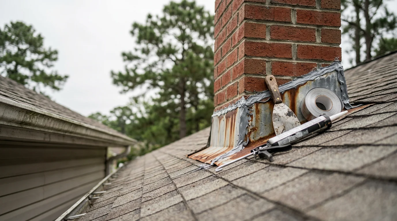 A roofing contractor resealing metal flashing around a chimney on a residential roof in Craven County, NC. Close-up view shows corroded flashing being replaced along the roof joint where water intrusion had occurred.