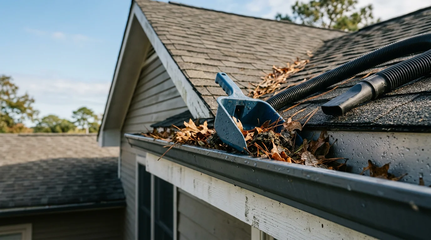 A roofing contractor removing packed leaves and pine needle debris from a residential gutter trough on a single-story home in Craven County, North Carolina. The cleaned section of gutter shows clear, open channels with a downspout free of blockage.
