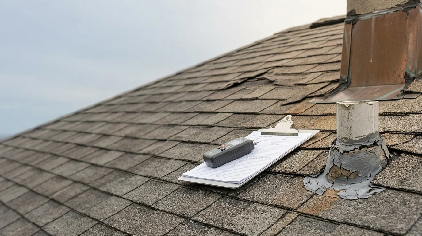 A Salmons Roofing inspector examining shingles, flashing, and ridge caps on a residential roof in Craven County, NC. Coastal homes along the Neuse River corridor visible in the background.