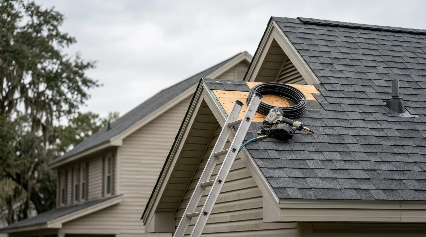 A newly installed residential roof on a single-family home in Craven County, North Carolina, showing clean roofing lines, finished ridge, and properly set edge metal against a coastal sky.