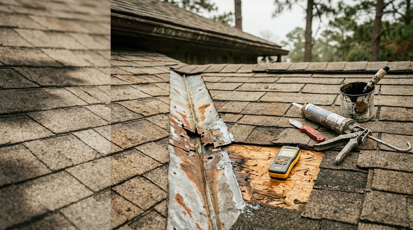 A roofing contractor inspecting and repairing a leak at a roof valley on a residential home in Craven County, North Carolina. Close-up view shows damaged roofing materials being assessed under a partly cloudy coastal sky.