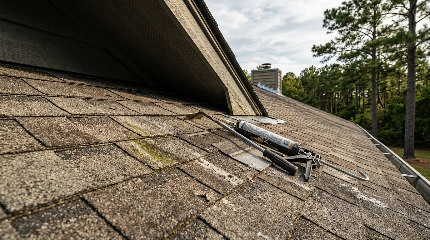 A roofing contractor inspecting shingles and flashing on a residential roof in Craven County, North Carolina. The image shows a close-up view of a roof surface being examined for wear, with a coastal residential neighborhood visible in the background.
