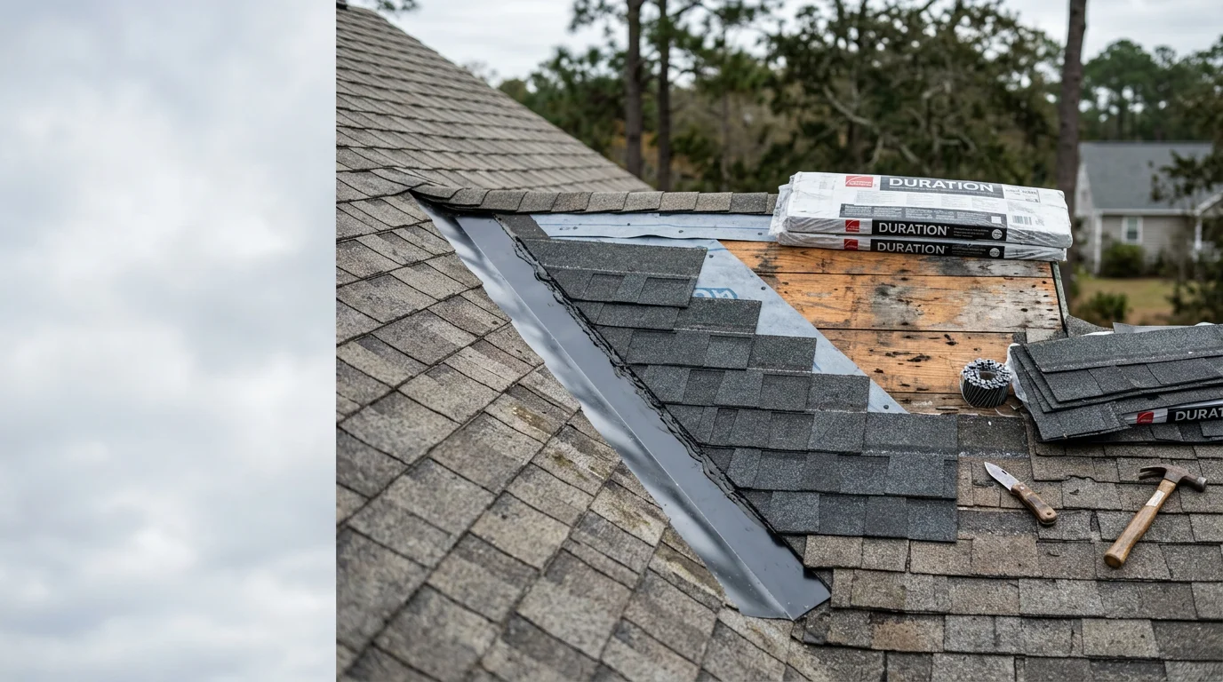 A Salmons Roofing crew repairing storm-damaged shingles on a residential home in Craven County, NC. Close-up view shows lifted shingle edges and flashing being secured along the roofline.