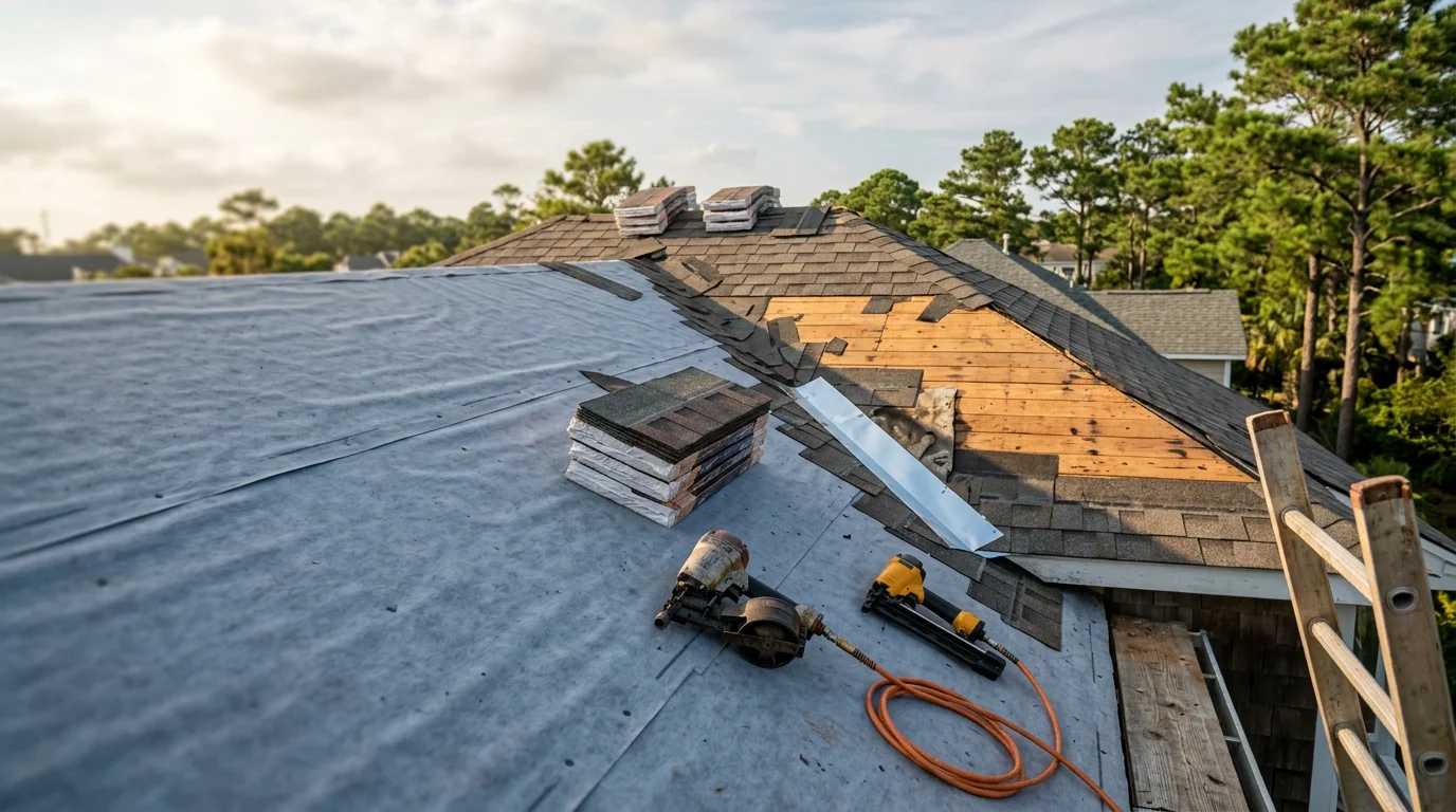 A Craven County home with a newly completed roof replacement, showing clean roofing lines and fresh materials installed across the full surface. The coastal residential setting reflects the humid subtropical climate of eastern North Carolina.