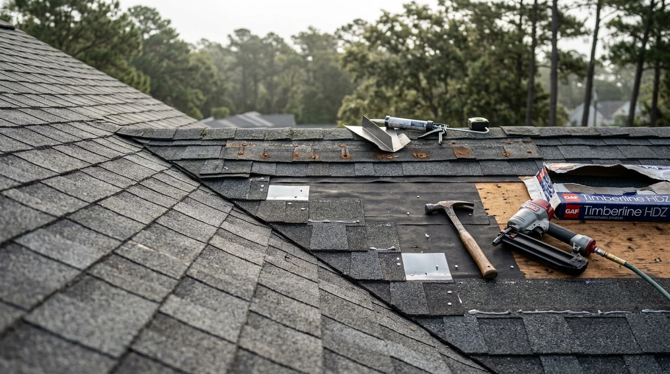 A Salmons Roofing crew member replacing lifted and cracked shingles on a residential roof in Craven County, North Carolina. Close-up view shows repaired shingle sections along the roof edge with surrounding coastal tree coverage visible in the background.